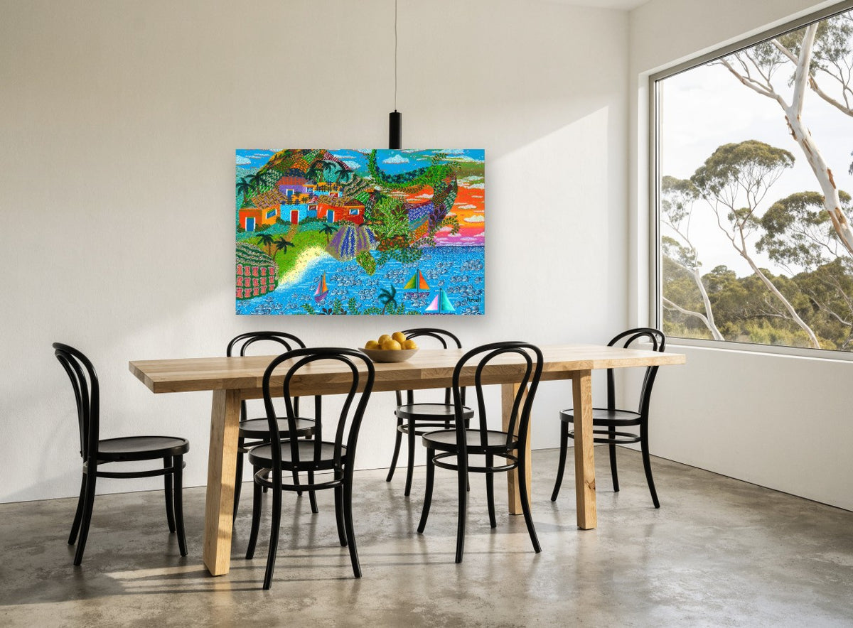 Island Village Sailboats coastal canvas print on the wall of a dining room