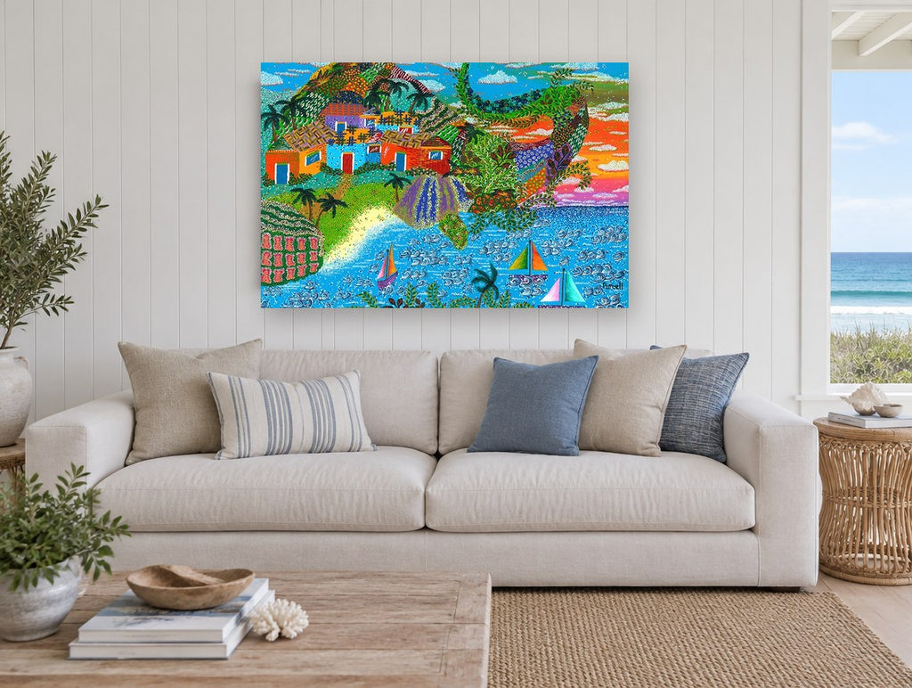 Island Village Sailboats coastal canvas print on the wall of a beach house living room