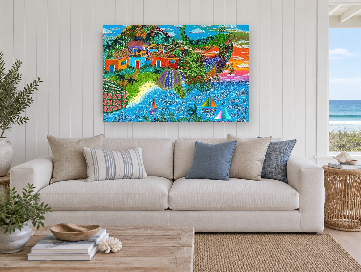 Island Village Sailboats coastal canvas print on the wall of a beach house living room