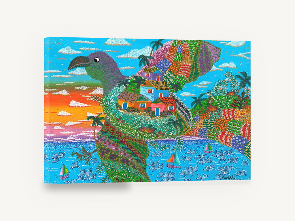 Bird Island Village, whimsical bird island seascape artwork, coastal canvas wall art print ready to hang
