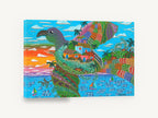 Bird Island Village, whimsical bird island seascape artwork, coastal canvas wall art print ready to hang