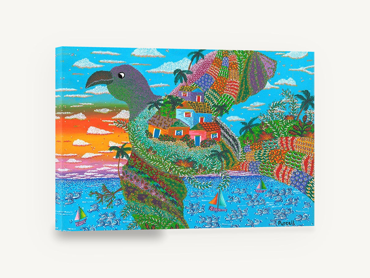 Bird Island Village, whimsical bird island seascape artwork, coastal canvas wall art print ready to hang
