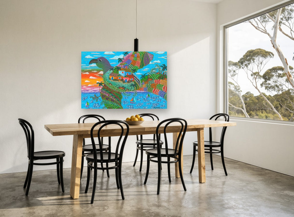 Bird Island Village coastal canvas print on the wall of a dining room