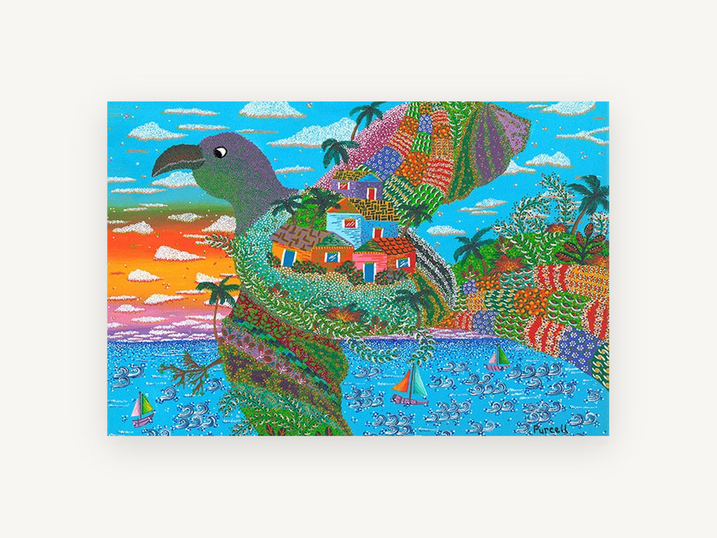Bird Island Village, coastal canvas wall art print, front view