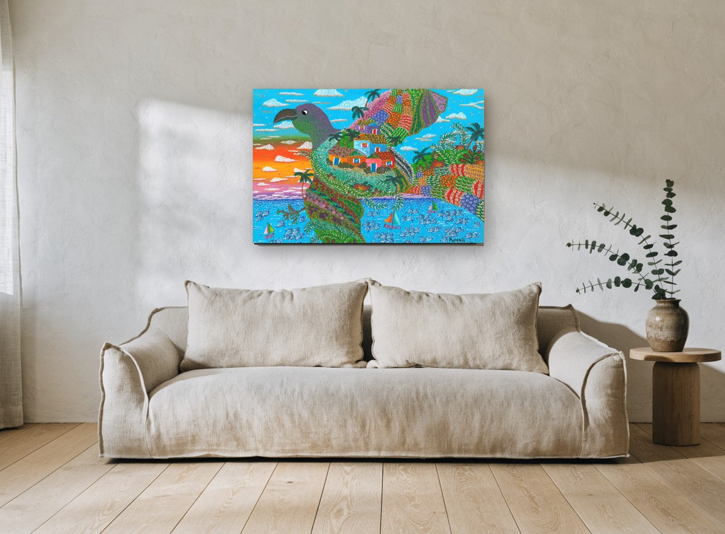 Bird Island Village coastal canvas print on the wall of a living room