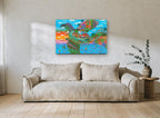 Bird Island Village coastal canvas print on the wall of a living room