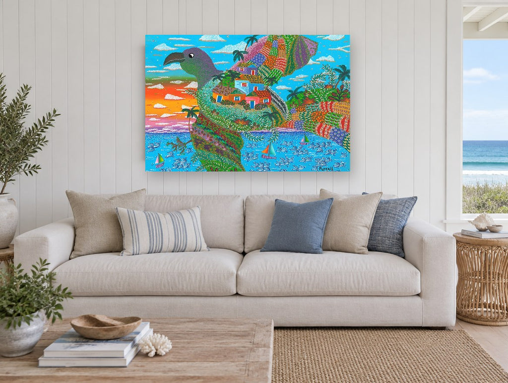 Bird Island Village coastal canvas print on the wall of a beach house living room
