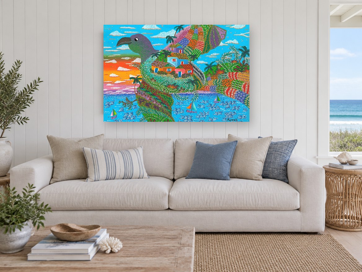 Bird Island Village coastal canvas print on the wall of a beach house living room