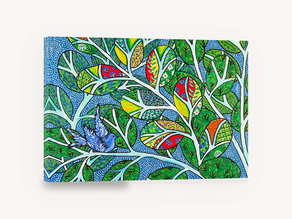 Blue Bird in Patchwork Leaves, blue bird patchwork leaves folk art, floral canvas wall art print ready to hang