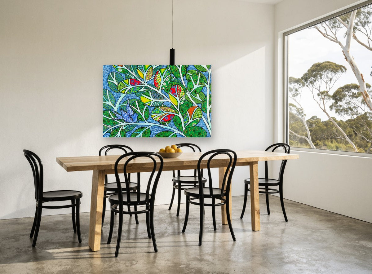 Blue Bird in Patchwork Leaves floral canvas print on the wall of a dining room