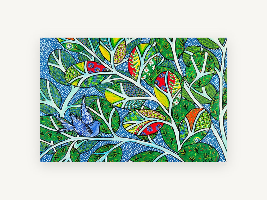 Blue Bird in Patchwork Leaves, floral canvas wall art print, front view