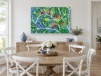 Blue Bird in Patchwork Leaves floral canvas print on the wall of a Hamptons dining room