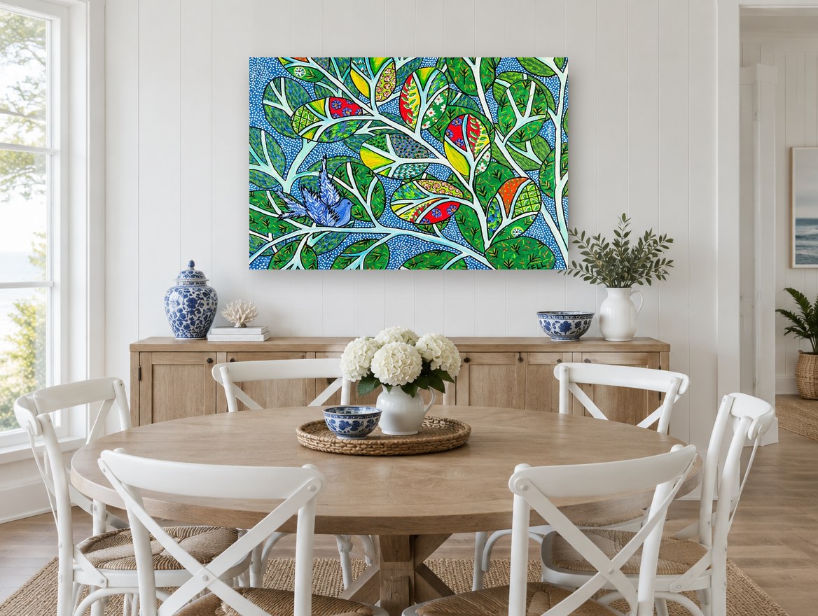Blue Bird in Patchwork Leaves floral canvas print on the wall of a Hamptons dining room