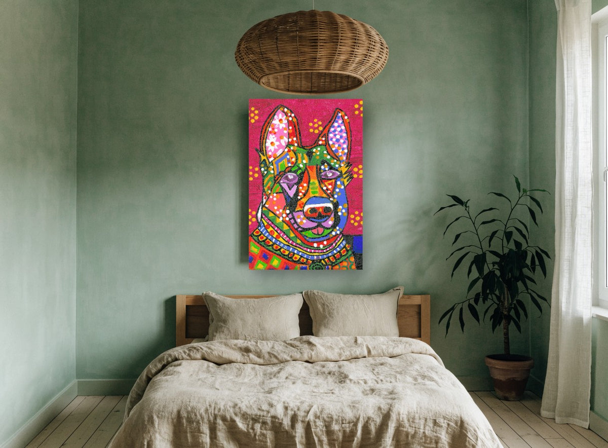 Patchwork German Shepherd animal canvas print on the wall of a bedroom