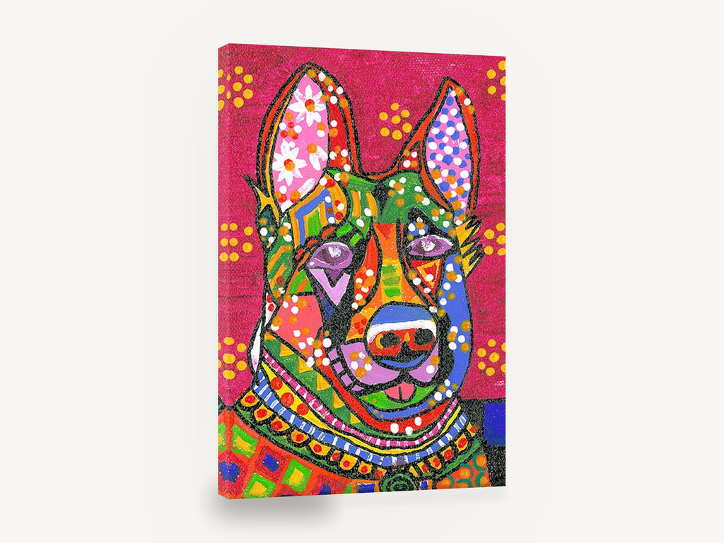 Patchwork German Shepherd, colourful folk art dog portrait, animal canvas wall art print ready to hang