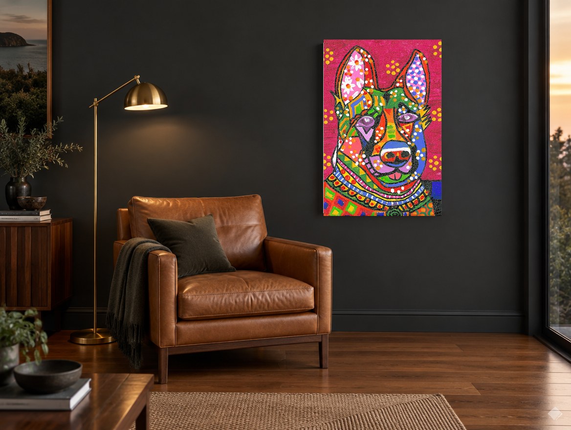 Patchwork German Shepherd animal canvas print on the wall of a charcoal living room