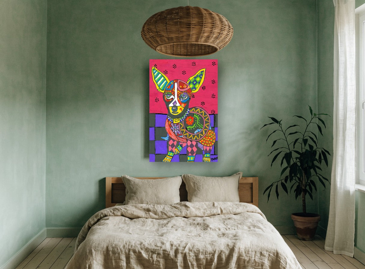 Patchwork Chihuahua animal canvas print on the wall of a bedroom