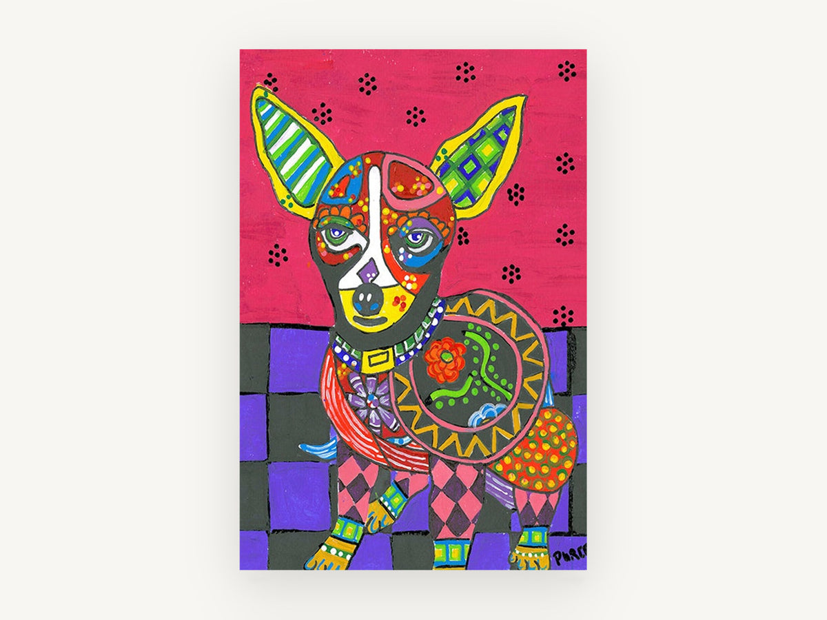 Patchwork Chihuahua, colourful folk art chihuahua illustration, animal canvas wall art print, front view