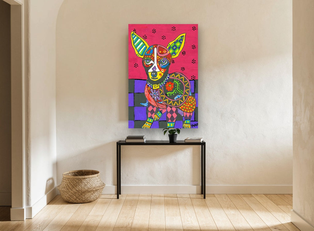Patchwork Chihuahua animal canvas print on the wall of a hallway