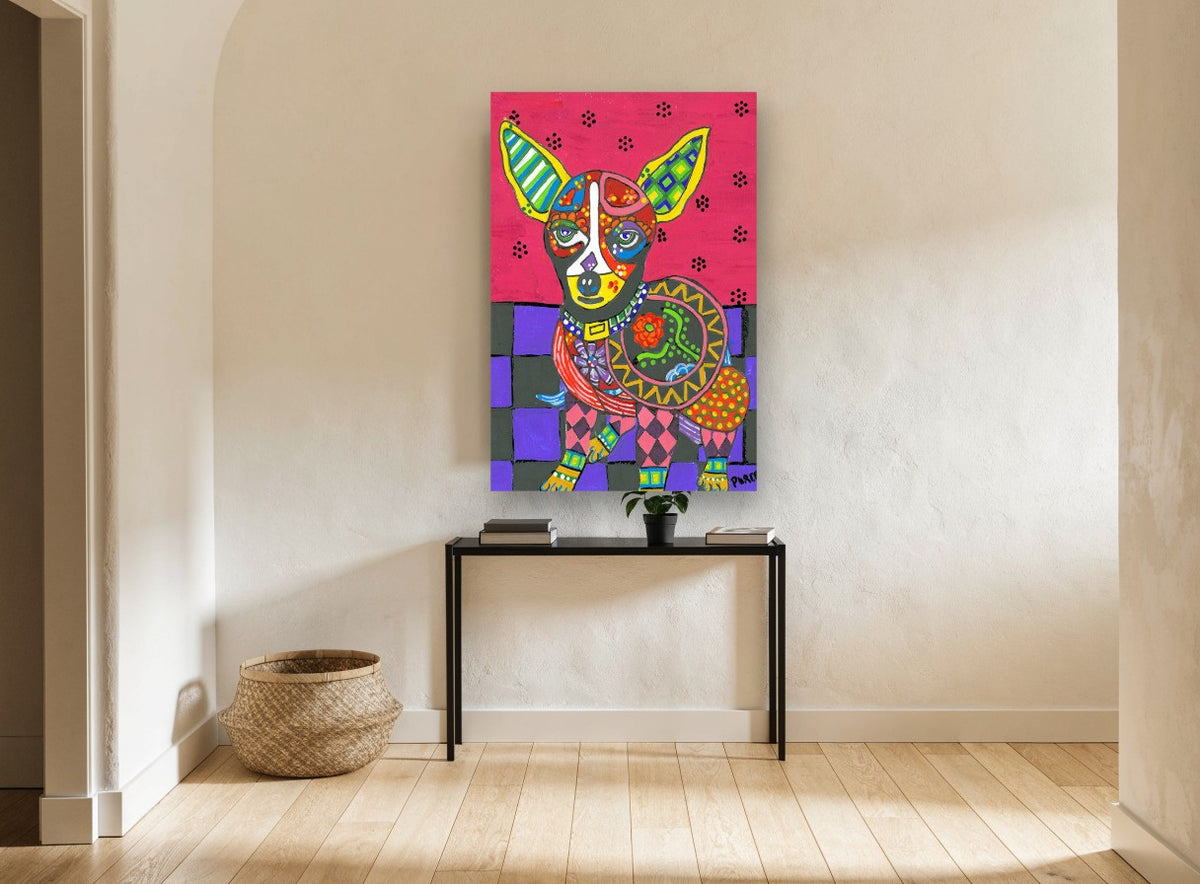 Patchwork Chihuahua animal canvas print on the wall of a hallway