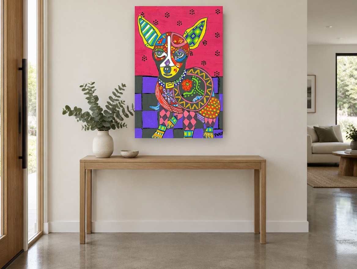 Patchwork Chihuahua animal canvas print on the wall of a entry hall