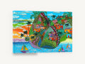 Island Turtle Village, colourful island village folk art seascape, coastal canvas wall art print ready to hang
