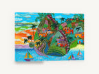 Island Turtle Village, colourful island village folk art seascape, coastal canvas wall art print ready to hang