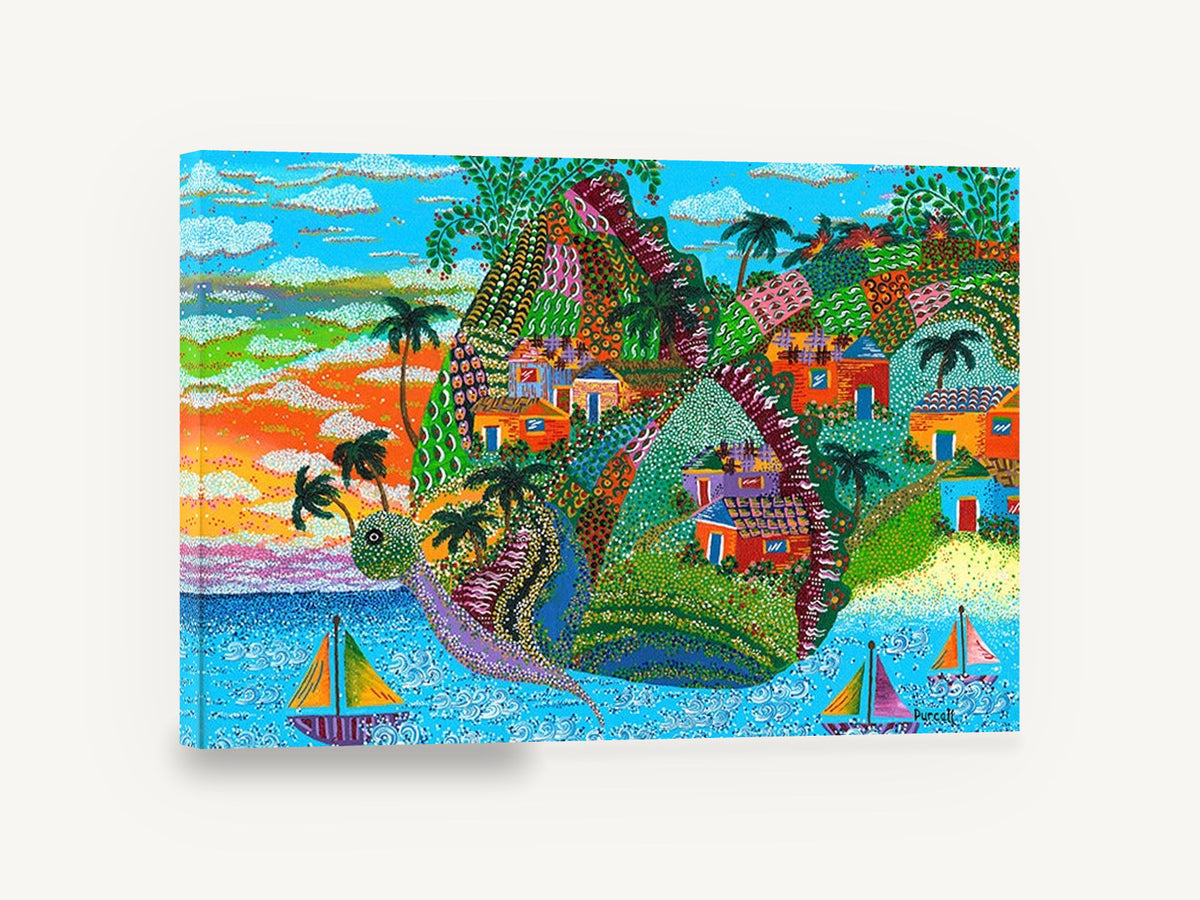 Island Turtle Village, colourful island village folk art seascape, coastal canvas wall art print ready to hang