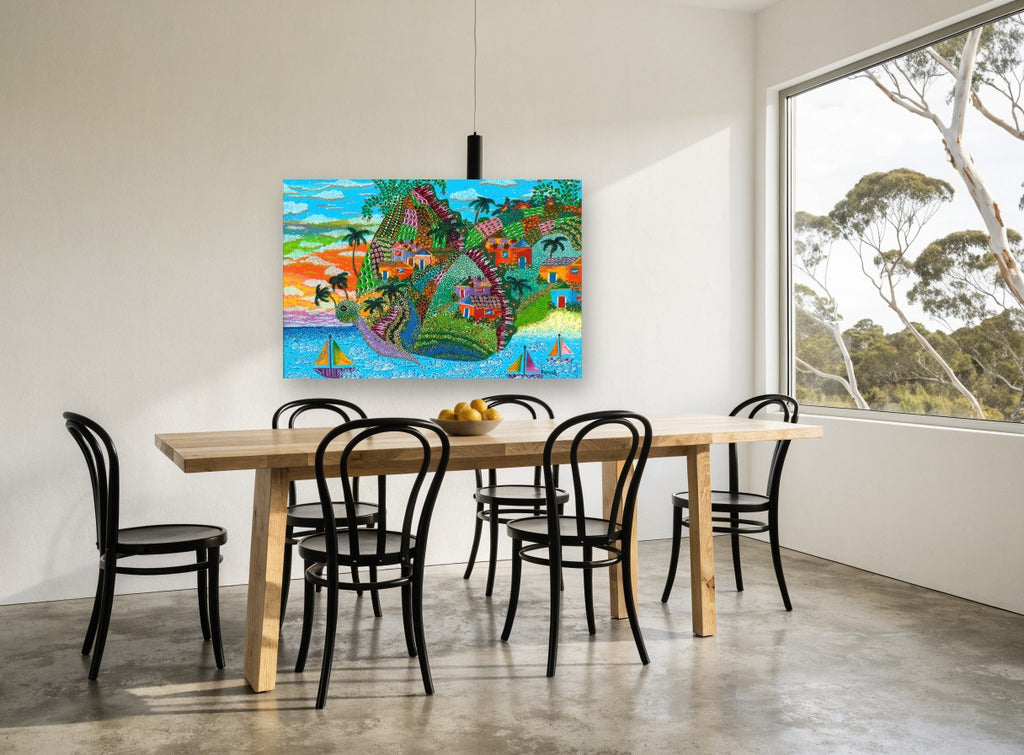 Island Turtle Village coastal canvas print on the wall of a dining room