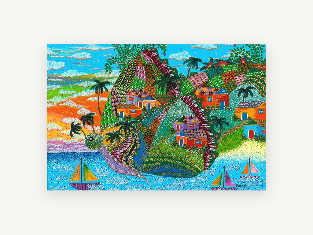 Island Turtle Village, coastal canvas wall art print, front view