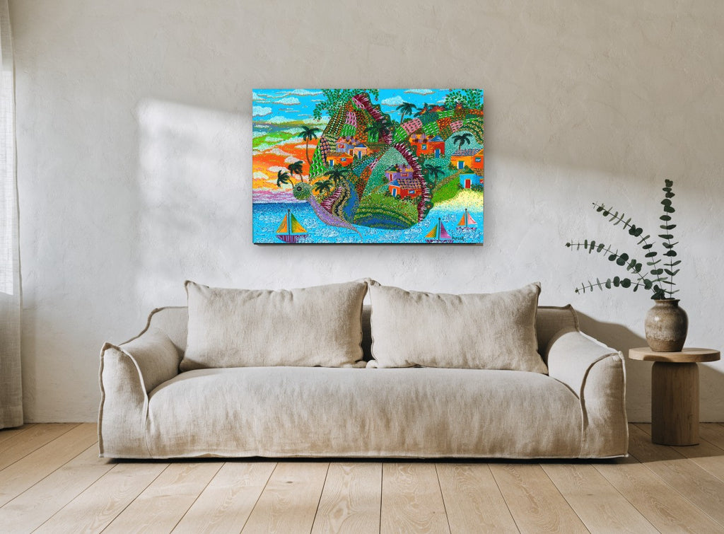 Island Turtle Village coastal canvas print on the wall of a living room