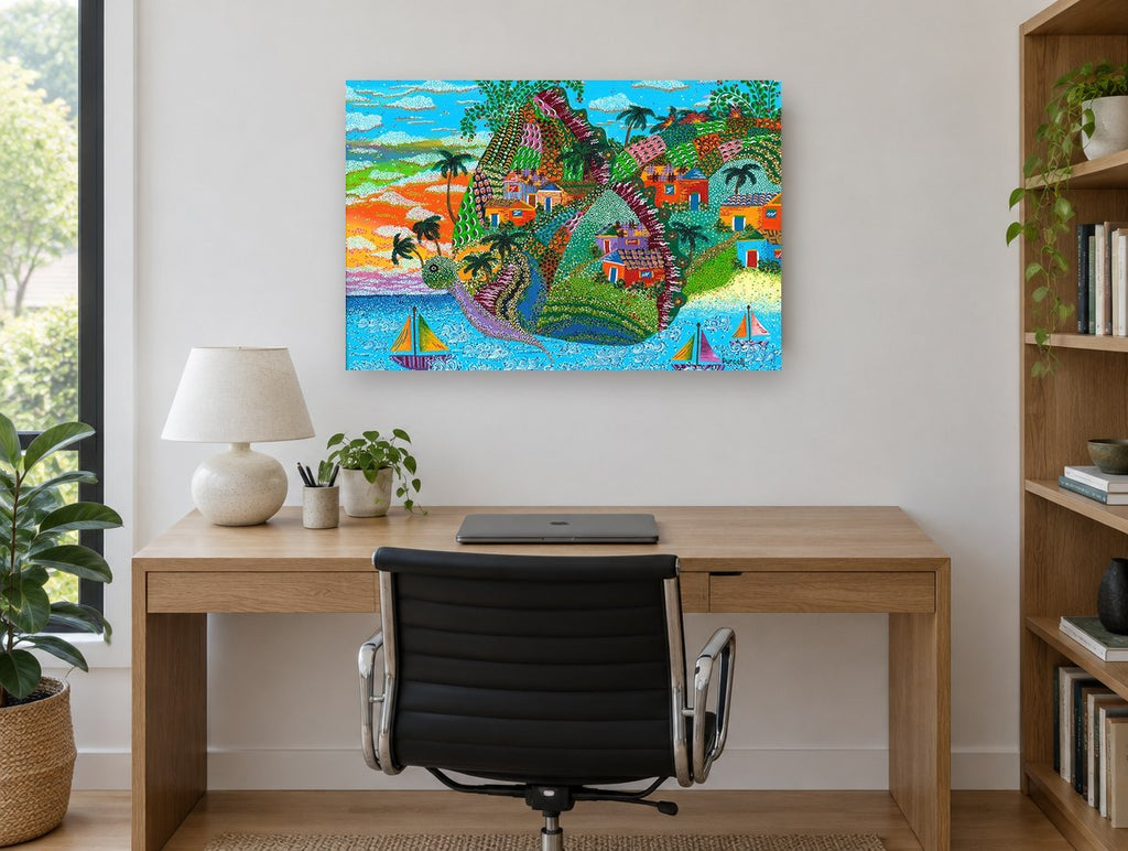 Island Turtle Village coastal canvas print on the wall of a study