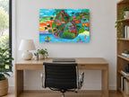 Island Turtle Village coastal canvas print on the wall of a study