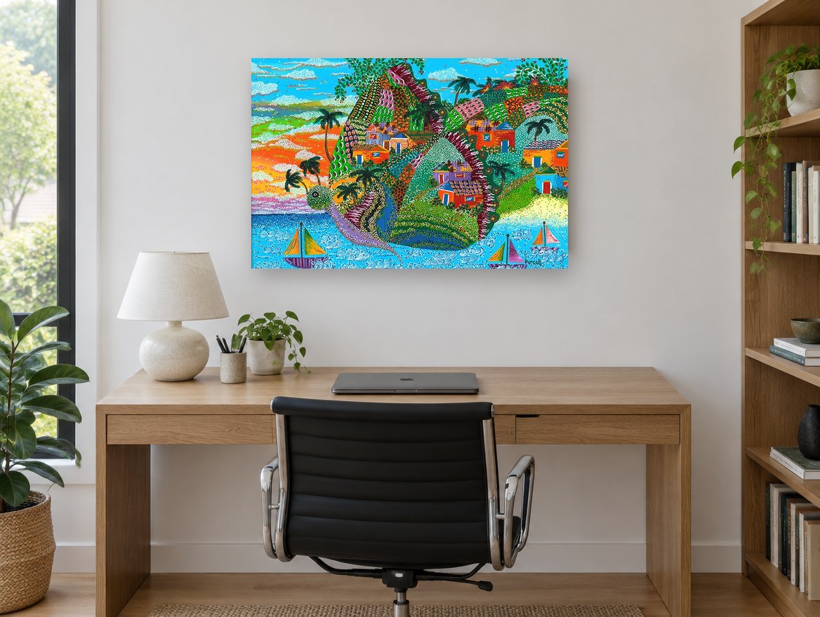 Island Turtle Village coastal canvas print on the wall of a study