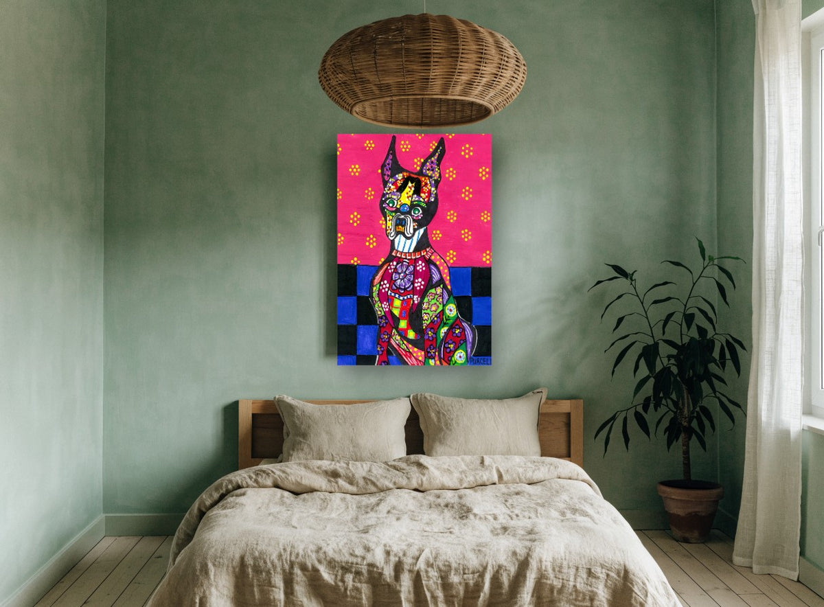 Patchwork Doberman Pop animal canvas print on the wall of a bedroom
