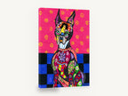 Patchwork Doberman Pop, folk art dog illustration, animal canvas wall art print ready to hang