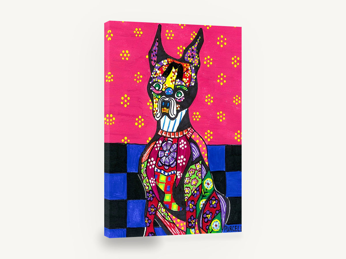 Patchwork Doberman Pop, folk art dog illustration, animal canvas wall art print ready to hang