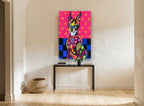 Patchwork Doberman Pop animal canvas print on the wall of a hallway