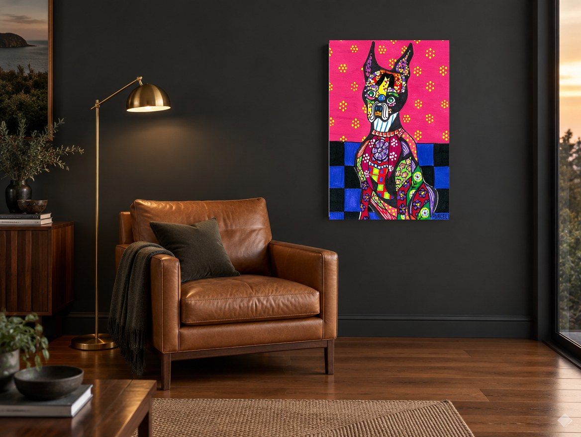Patchwork Doberman Pop animal canvas print on the wall of a charcoal living room