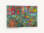 Whimsical Harbour Underwater, colourful folk art underwater harbour scene, coastal canvas wall art print ready to hang