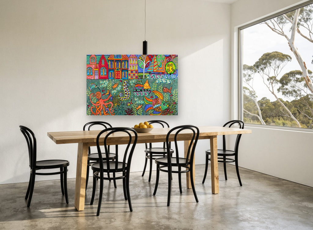 Whimsical Harbour Underwater coastal canvas print on the wall of a dining room