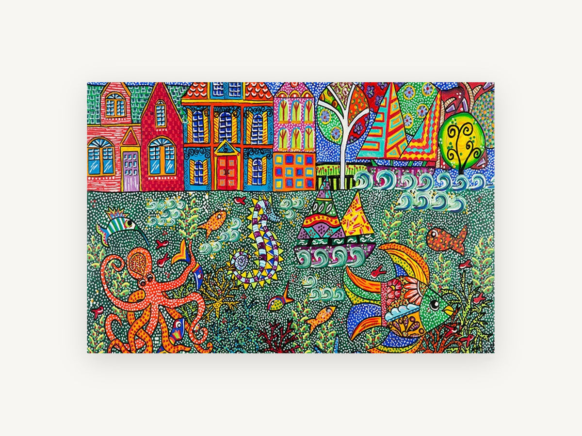 Whimsical Harbour Underwater, coastal canvas wall art print, front view