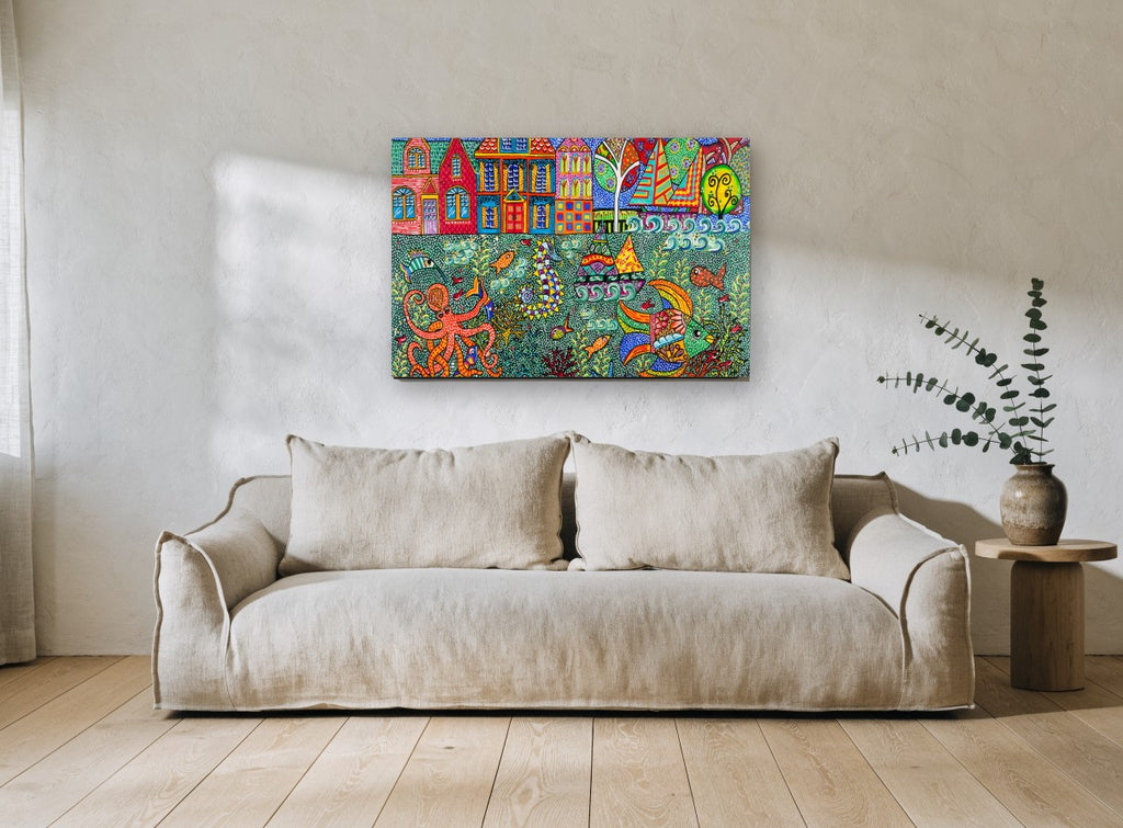 Whimsical Harbour Underwater coastal canvas print on the wall of a living room