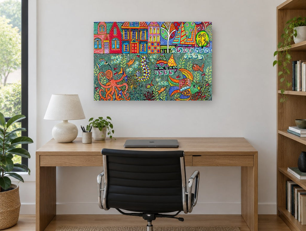 Whimsical Harbour Underwater coastal canvas print on the wall of a study