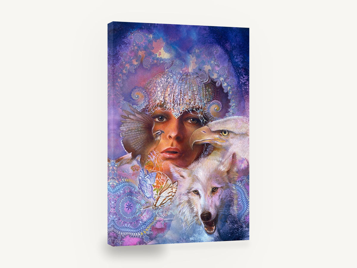 Moon Huntress Spirits, woman with wolf and eagle fantasy art, animal canvas wall art print ready to hang