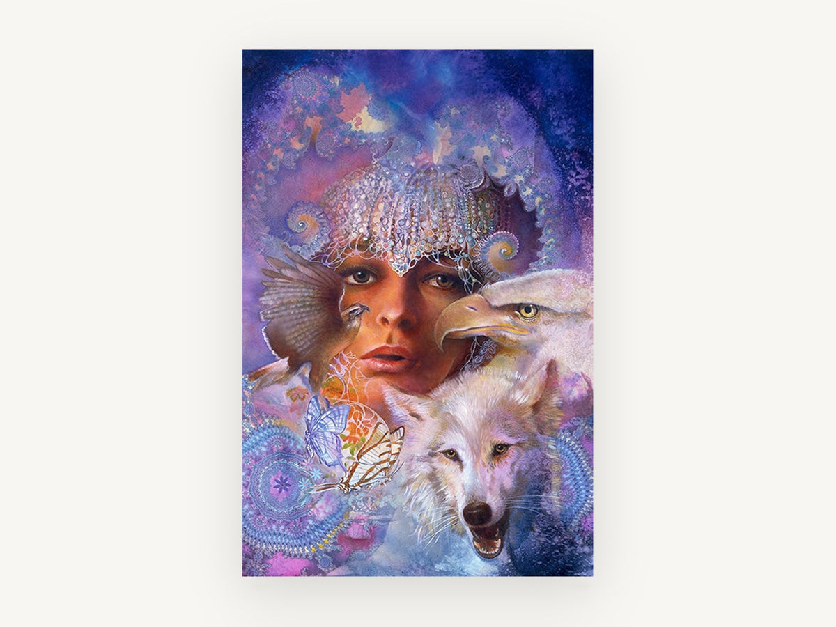 Moon Huntress Spirits, woman with wolf and eagle fantasy art, animal canvas wall art print, front view