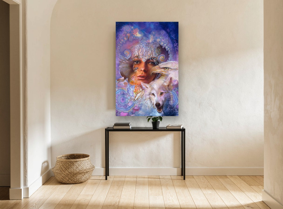 Moon Huntress Spirits animal canvas print on the wall of a hallway