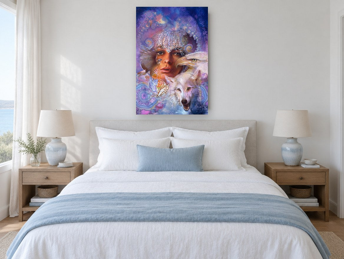 Moon Huntress Spirits animal canvas print on the wall of a bedroom