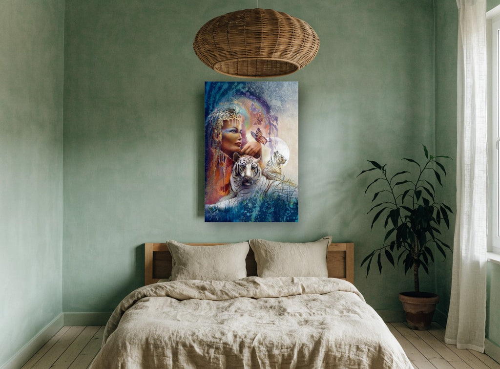 Tiger Queen and Butterflies animal canvas print on the wall of a bedroom