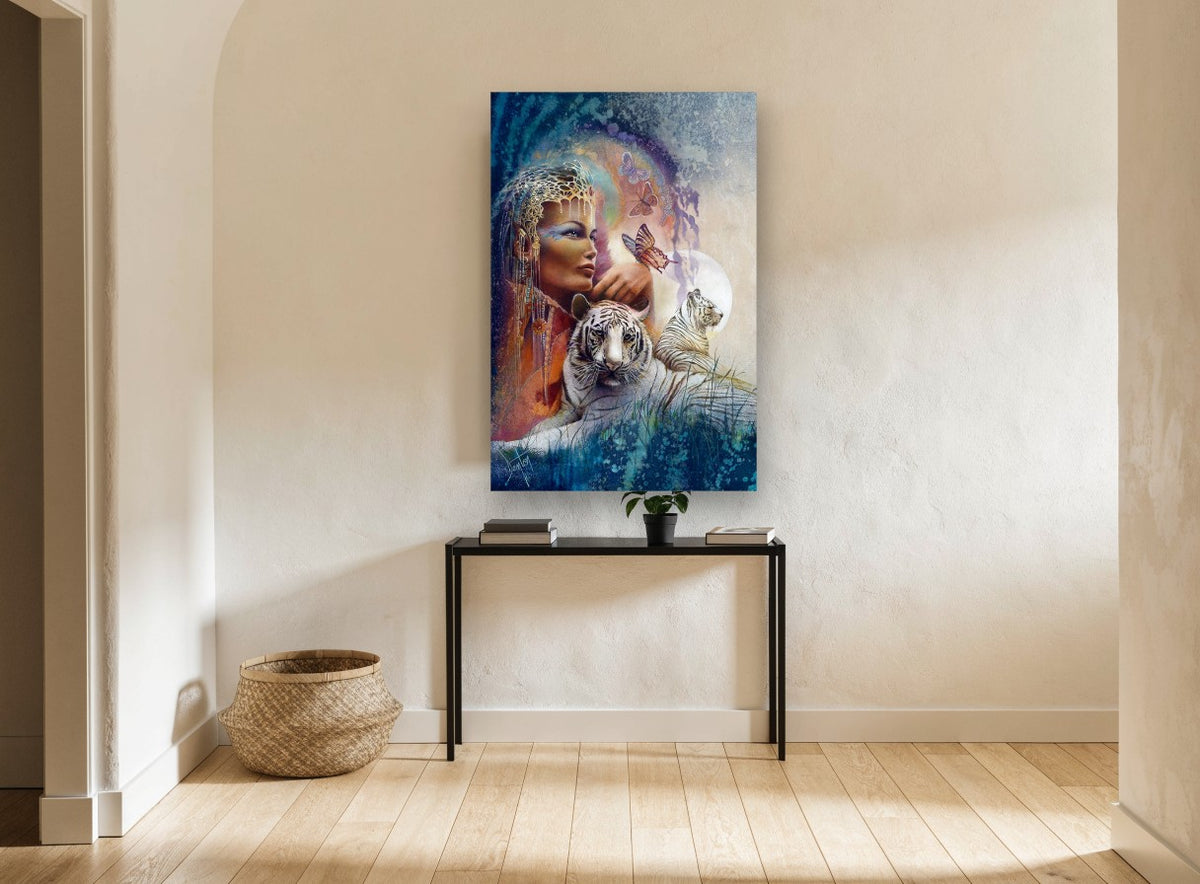 Tiger Queen and Butterflies animal canvas print on the wall of a hallway